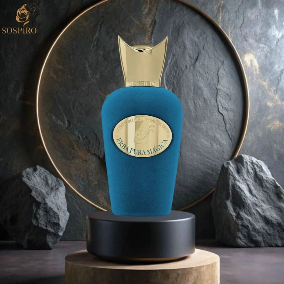 Sospiro Erba Pura Magica Eau De Parfum 100ml bottle with elegant design, showcasing the luxurious fragrance and brand details.