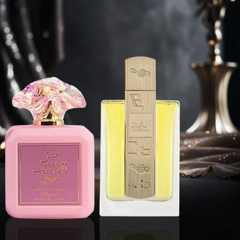 Pink Blush by Ard Al Zaafaran and Angham by Lattafa Eau de Parfum bundle, 100ml perfume sprays, elegant bottle designs.