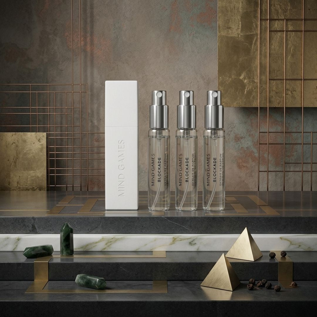 Mind Games Blockade Travel Trio collection with three 7.5ml bottles of game enhancement liquids, displayed together in a clear view.