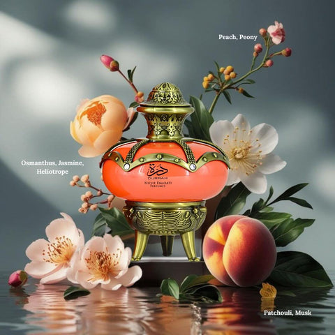 Lattafa Niche Emarati Durrah Eau De Parfum spray in 100ml bottle, featuring elegant packaging with a velvet pouch.