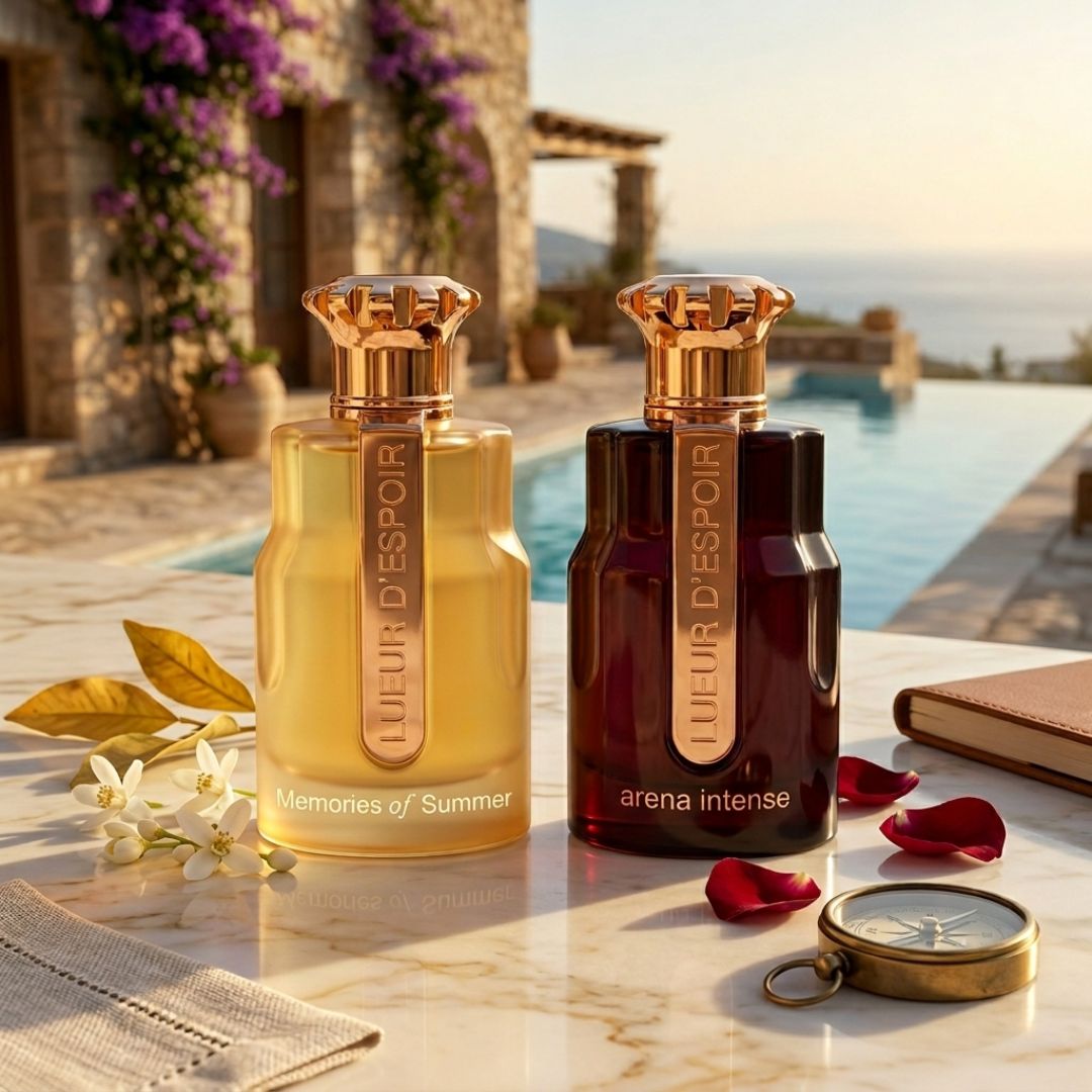 Paris Corner Lueur d'Espoir Eau de Parfum spray bottles, Memories of Summer and Arena Intense fragrances, 100ml bundle.