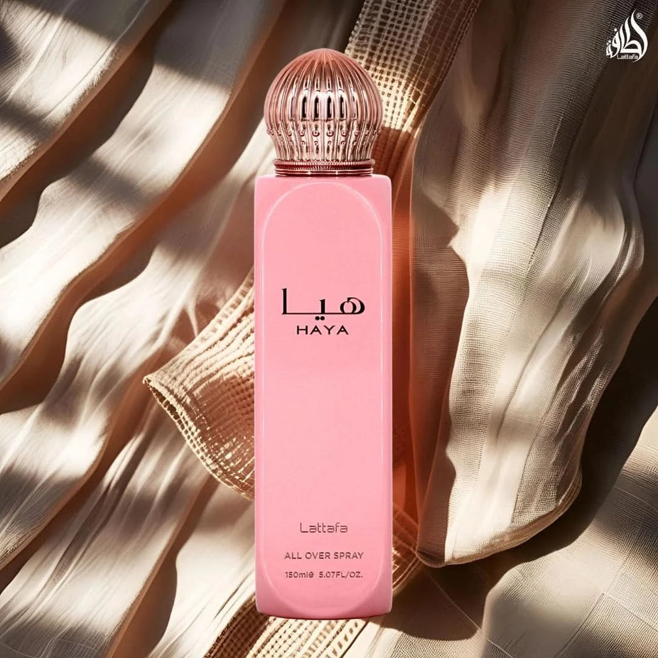 Lattafa Haya & Shahd All Over Sprays bundle featuring six 150ml bottles with floral and fresh scent designs.