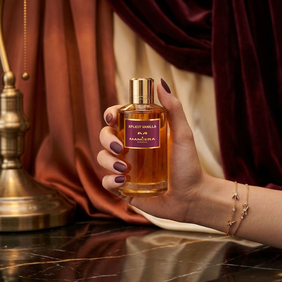 Mancera Xplicit Vanilla Eau de Parfum spray bottle, 120ml, featuring luxurious vanilla scent and elegant packaging.
