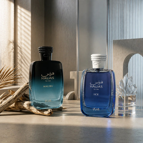 Rasasi Hawas Malibu and Hawas Ice for Men Eau de Parfum bundle, 100ml bottles with sleek packaging and spray caps.