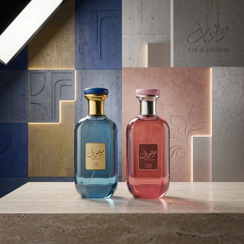 Bundle of Ard Al Zaafaran Mousuf Azure and Mousuf Wardi Eau de Parfum sprays, 100ml each, featuring elegant bottles with intricate designs.
