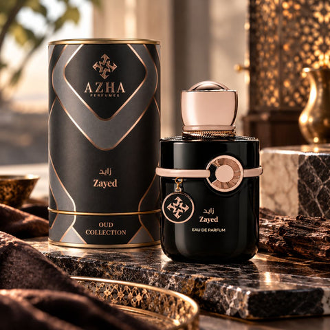 Azha Zayed Eau de Parfum spray 100ml bottle with elegant design and floral fragrance, showcasing the perfume's packaging and branding.