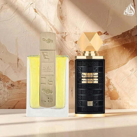 Lattafa Angham & Mashrabya Eau de Parfum spray bundle, 100ml each, featuring elegant bottles with intricate Arabic-inspired designs.