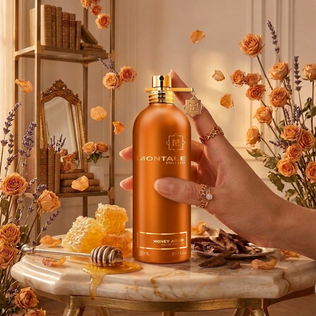 Montale Honey Aoud Eau de Parfum spray 100ml bottle, featuring elegant packaging and amber-colored perfume inside.