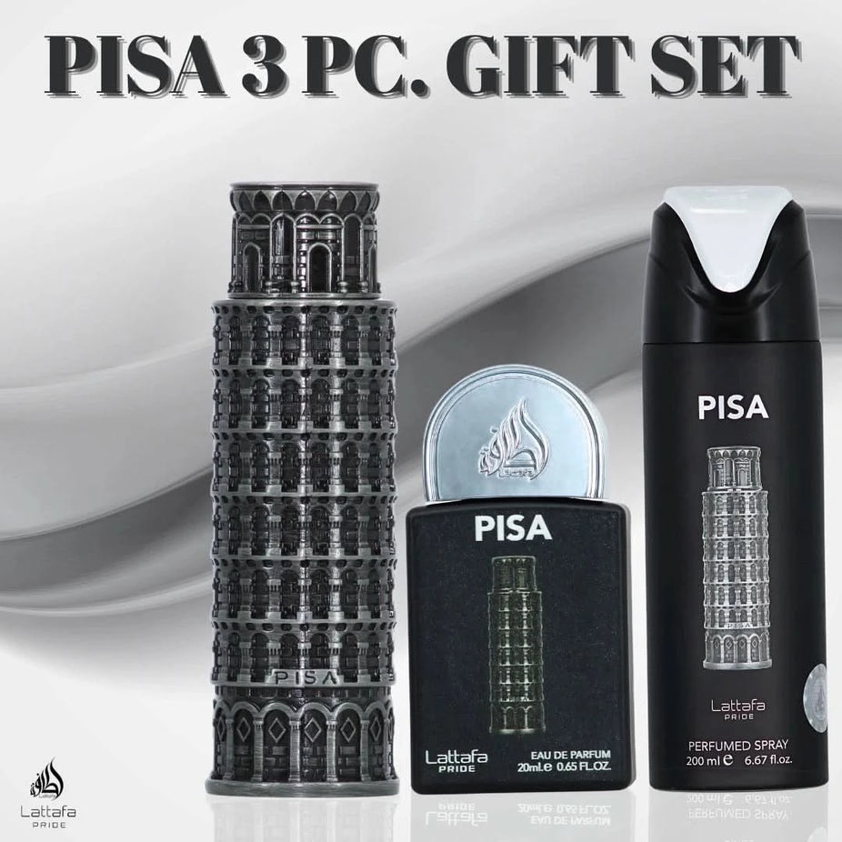 Lattafa Pride Pisa 3-piece perfume gift set with bottles of different shapes and sizes, elegant packaging, and decorative accents.