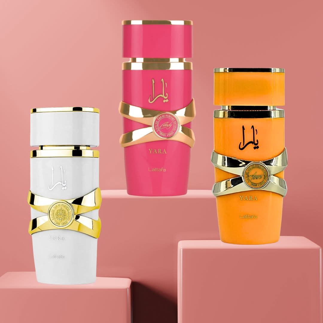 Lattafa Yara Candy, Yara Moi & Yara Tous Eau de Parfum Spray bundle, 100ml each, featuring colorful bottles and elegant packaging.