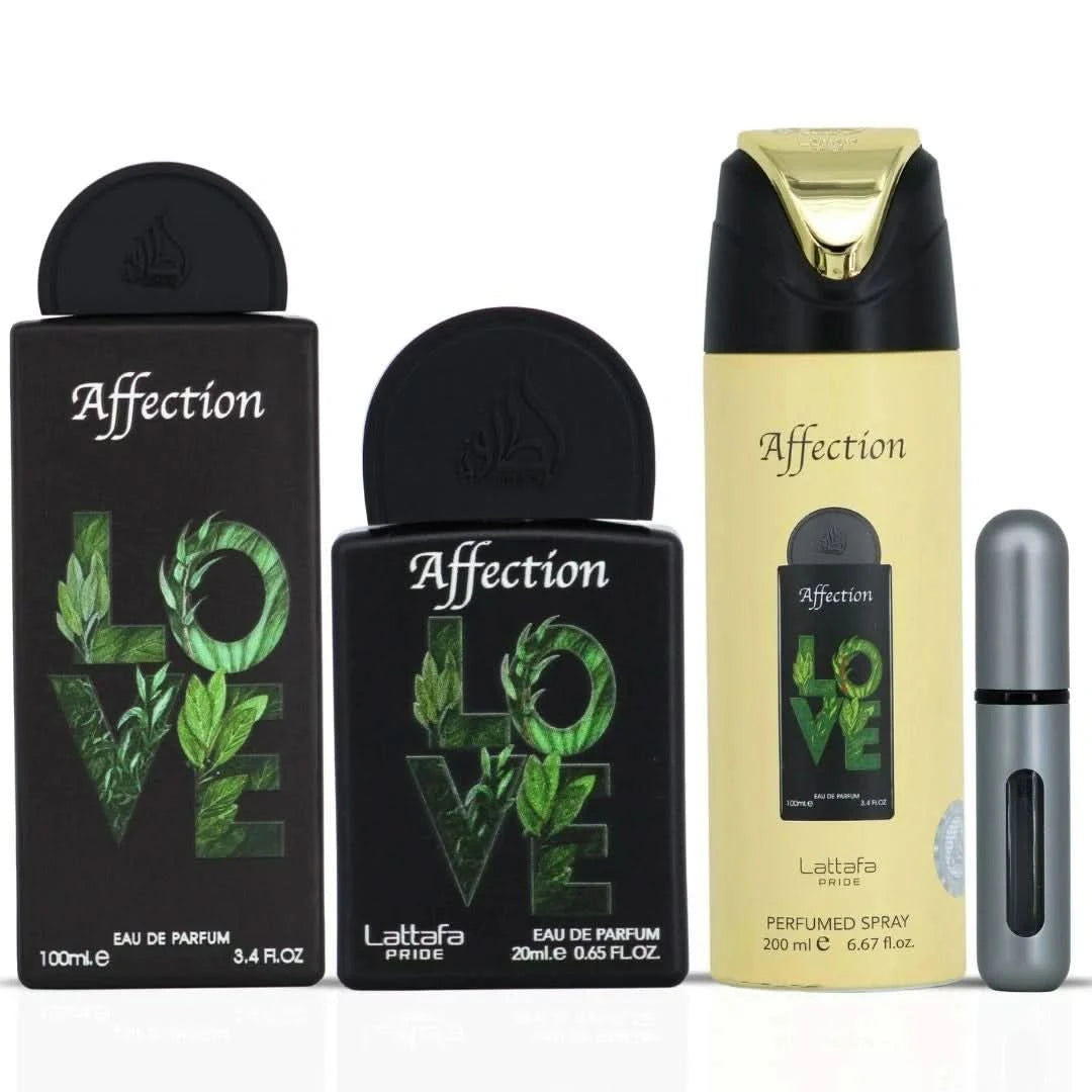 Lattafa Tharwah Gold Peace and Love & Affection gift set bundle with elegant packaging and multiple perfume bottles.