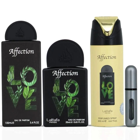 Lattafa Tharwah Gold Peace and Love & Affection gift set bundle with elegant packaging and multiple perfume bottles.