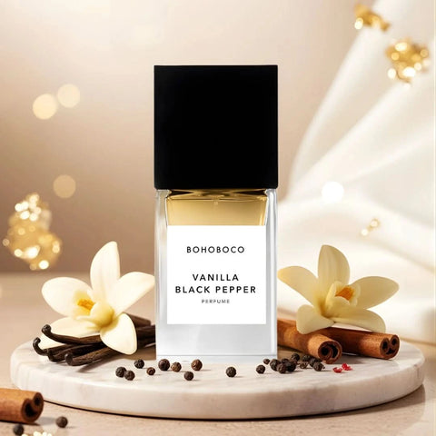 Bohoboco Vanilla Black Pepper Eau de Parfum spray bottle, 50ml, with black cap and elegant glass design.