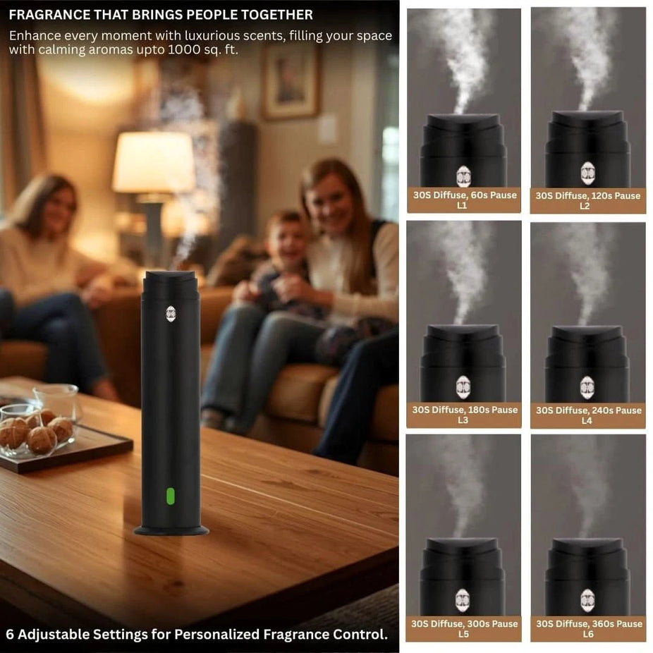 Intense Oud Black Aromatherapy Diffuser with remote, 120ml capacity, adjustable mist, timer, suitable for home, office, or hotel.