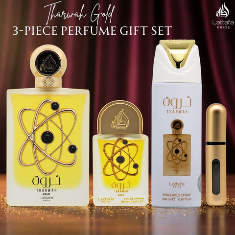 Tharwah Gold 3-Piece Perfume Gift Set by Lattafa Pride (Velvet Pouch) (Auction)