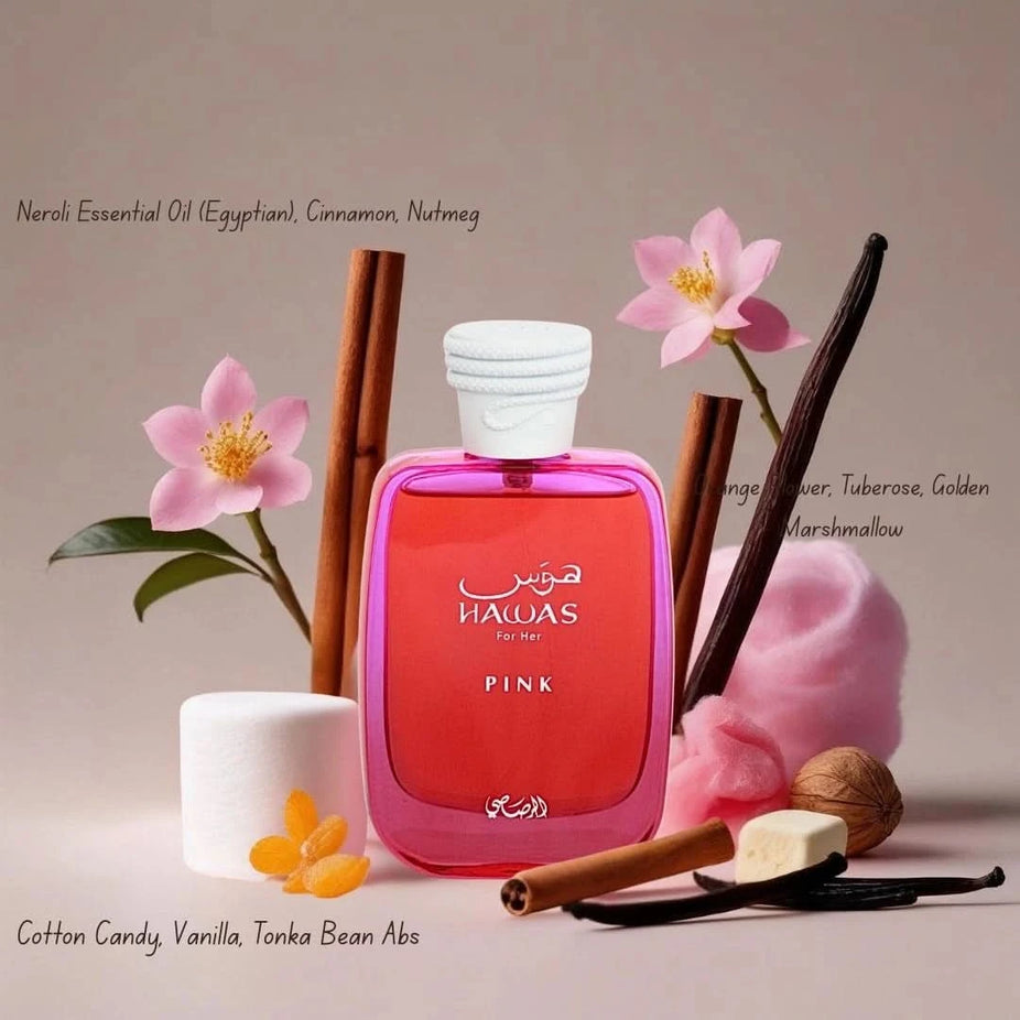 Intense Oud marshmallow perfume bundle with Pink Blush & Meethaq Extrait De Rouge by Ard Al Zaafaran and Hawas Pink by Rasasi, 100ml bottles
