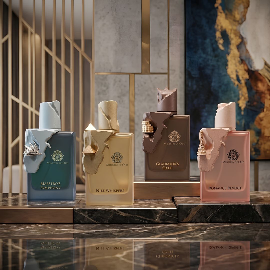 Paris Corner Ministry of Oud perfume bundle includes six 100ml Eau de Parfum sprays with ornate bottles and elegant packaging.