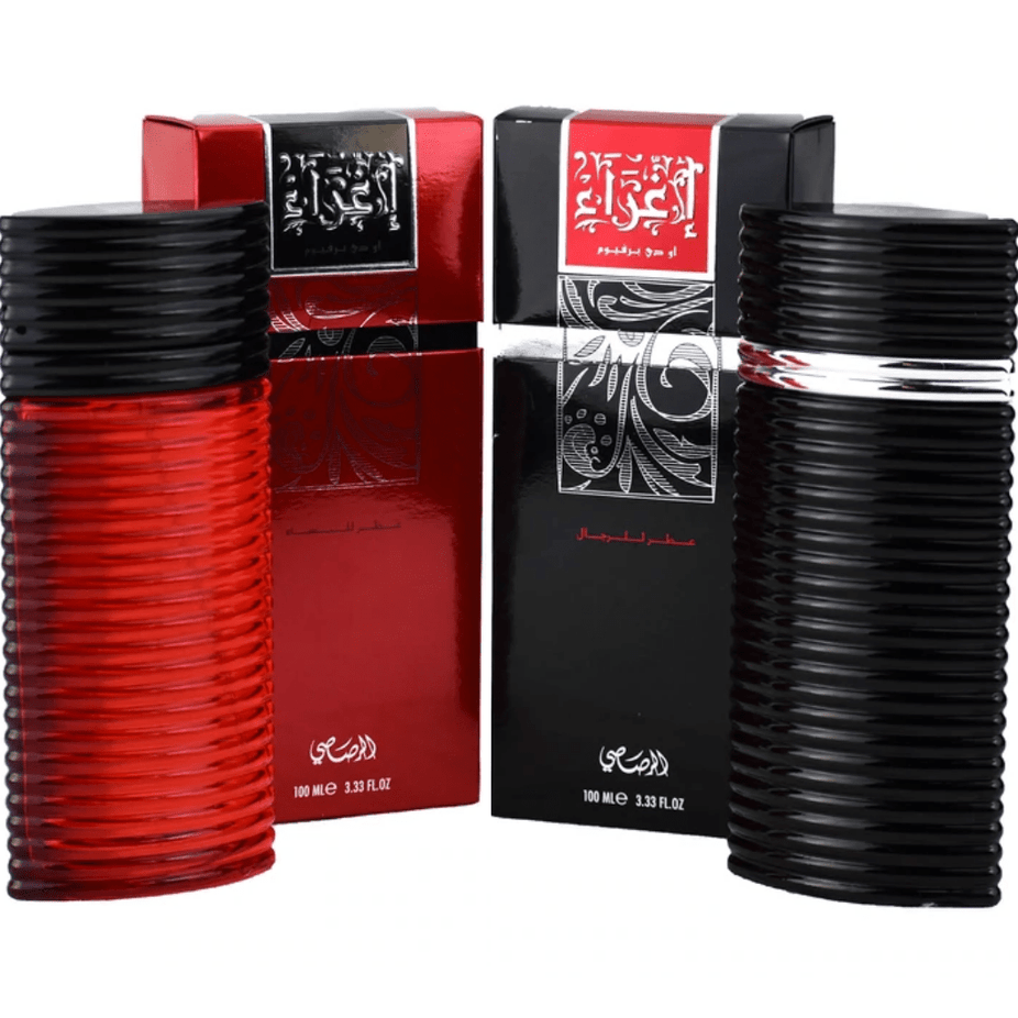 Egra EDP couple set by Rasasi, featuring 100ml bottles for men and women, displayed together in a sleek packaging.