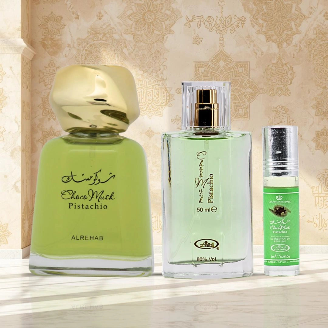 Choco Musk Pistachio Eau de Parfum 100ml, 50ml & Perfume Oil CPO 6ml by Al Rehab (Bundle) - Intense Oud