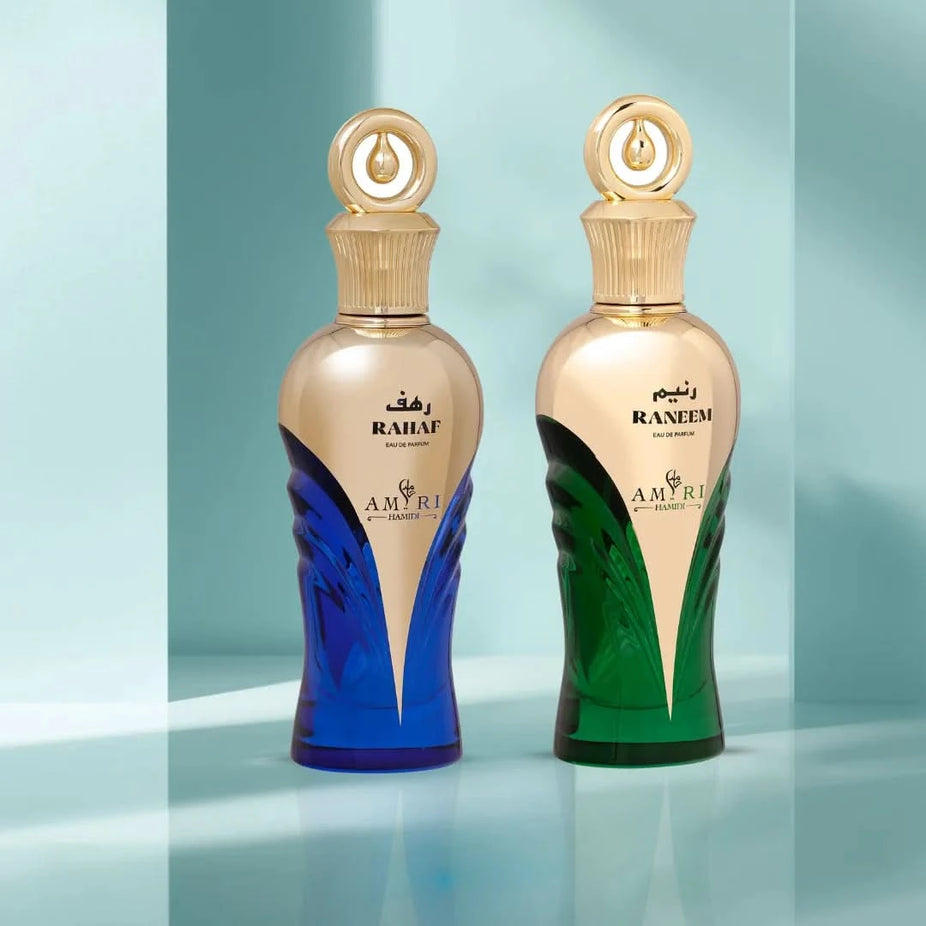 Hamidi Amiri Rahaf and Raneem Eau de Parfum sprays in 100ml bundle, showcasing elegant bottles with floral and oriental fragrance notes.