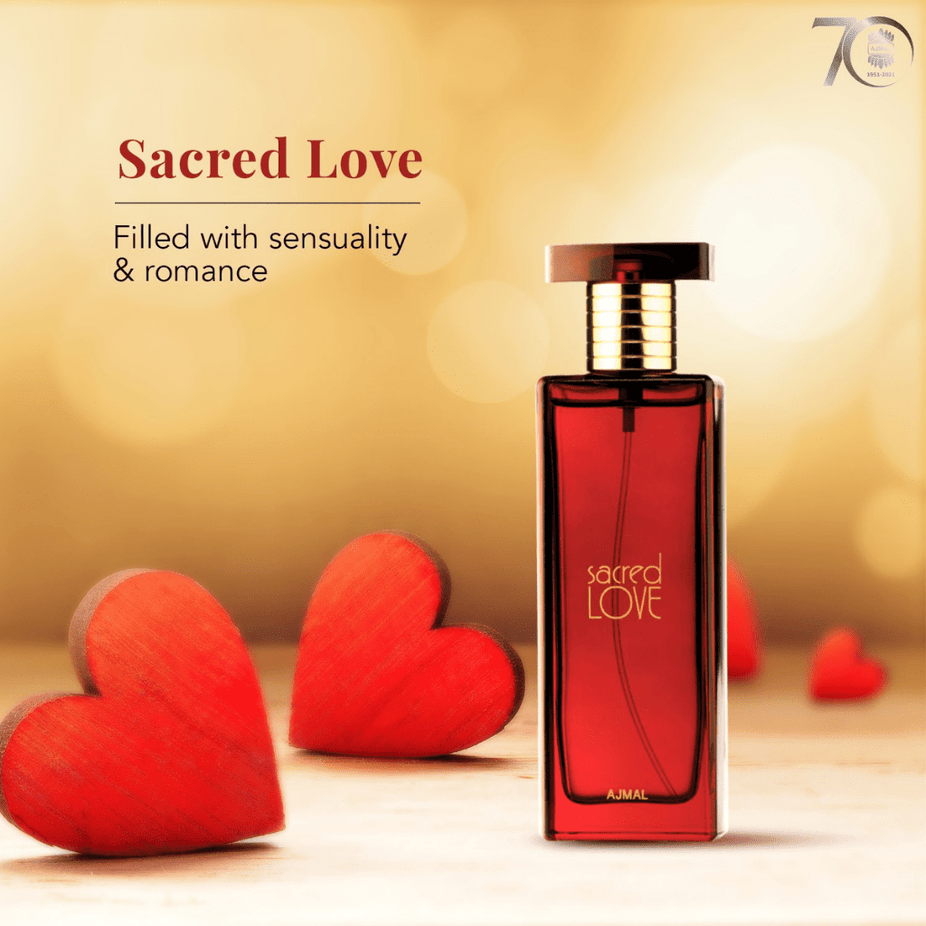 Ajmal Sacred Love for Women EDP, 50ml bottle, elegant perfume with floral and oriental notes, in a stylish perfume bottle.