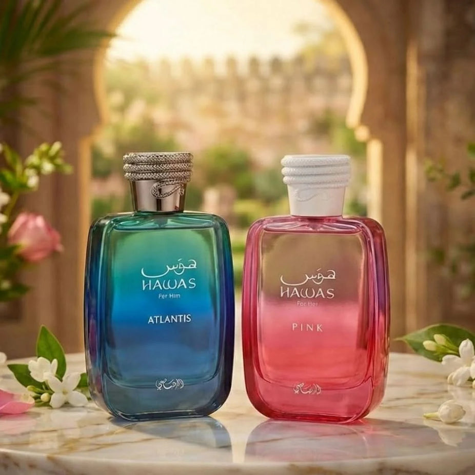 Rasasi Hawas Atlantis for Him and Hawas Pink for Her 100ml Eau de Parfum spray bundle, featuring elegant bottles and branding.