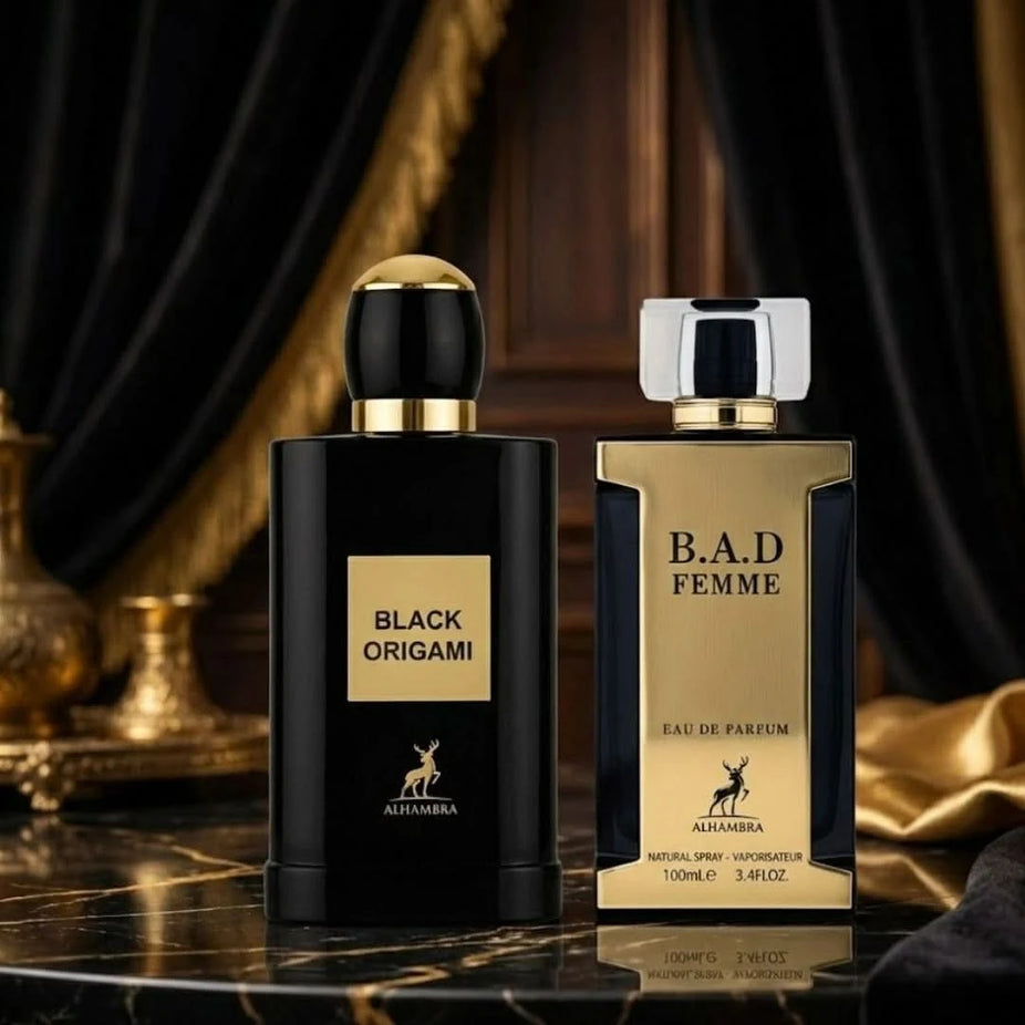Maison Alhambra Black Origami & B.A.D. Femme Eau de Parfum bundle with two 100ml spray bottles, elegant packaging and sleek design.