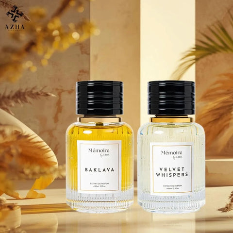 Azha Baklava & Velvet Whispers perfume spray bundle from Memoire Collection, featuring elegant 100ml fragrance bottles.