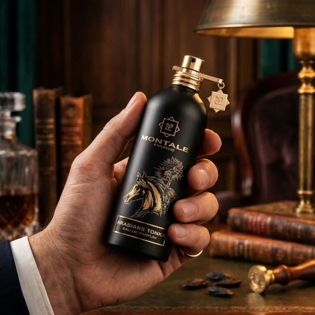 Montale Arabians Tonka Eau de Parfum Spray 100ml with elegant bottle, showcasing luxurious packaging and fragrance details.