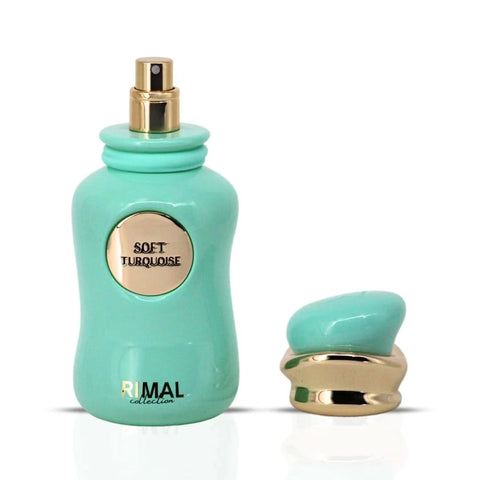 Soft turquoise Rimal Collection Eau de Parfum spray bottle in a velvet pouch, 100ml, with elegant design and branding details.