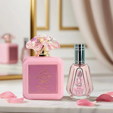 Bundle of Ard Al Zaafaran Pink Blush Shams Al Emarat 100ml and Yara 50ml Eau de Parfum sprays, featuring floral fragrance bottles.