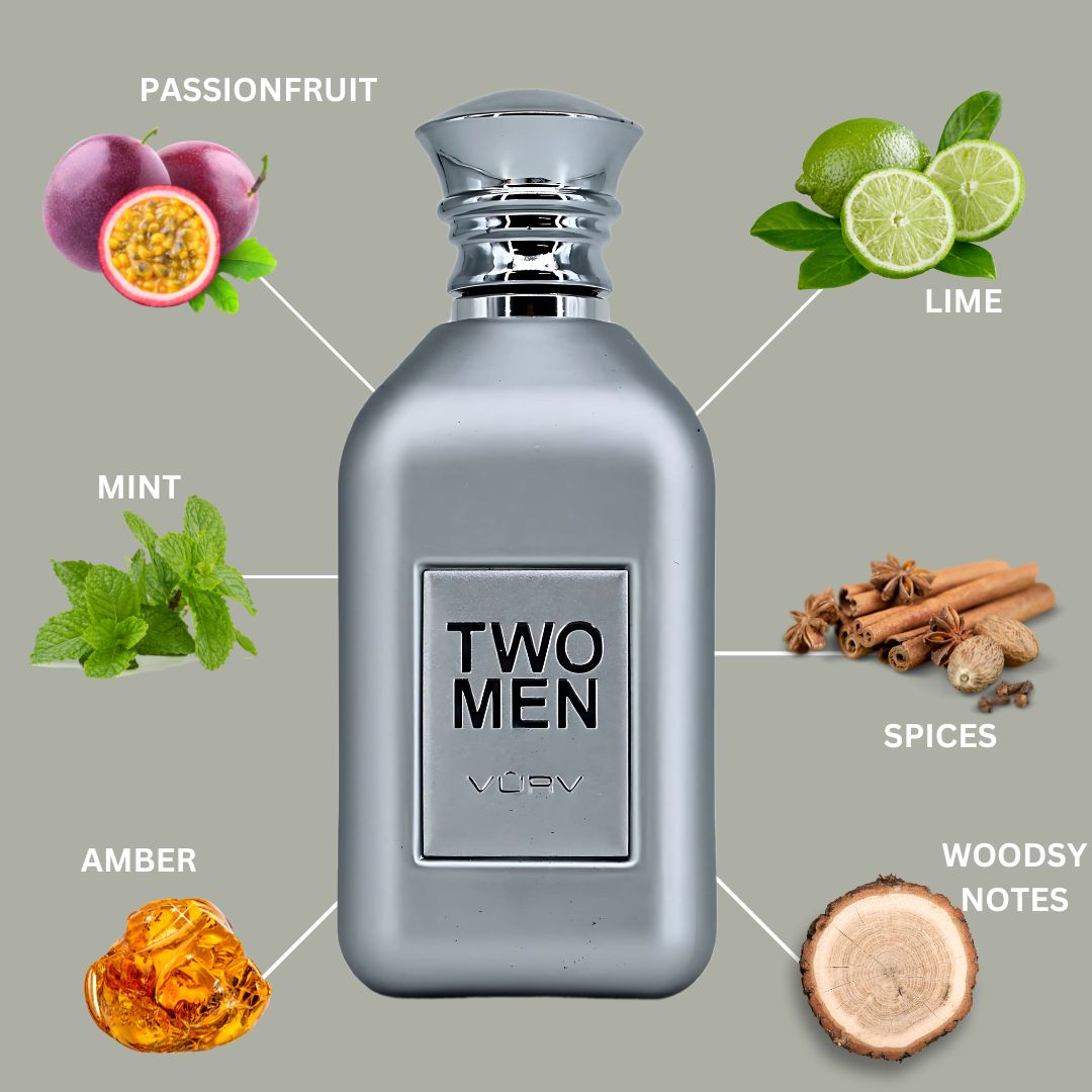 Two Men Eau De Parfum Spray For Men 100ML (3.4 OZ) By Vurv | A Bold Mix Of Tangy Fruits, Refreshing Spices, & A Rich, Smoky Base. - Intense Oud