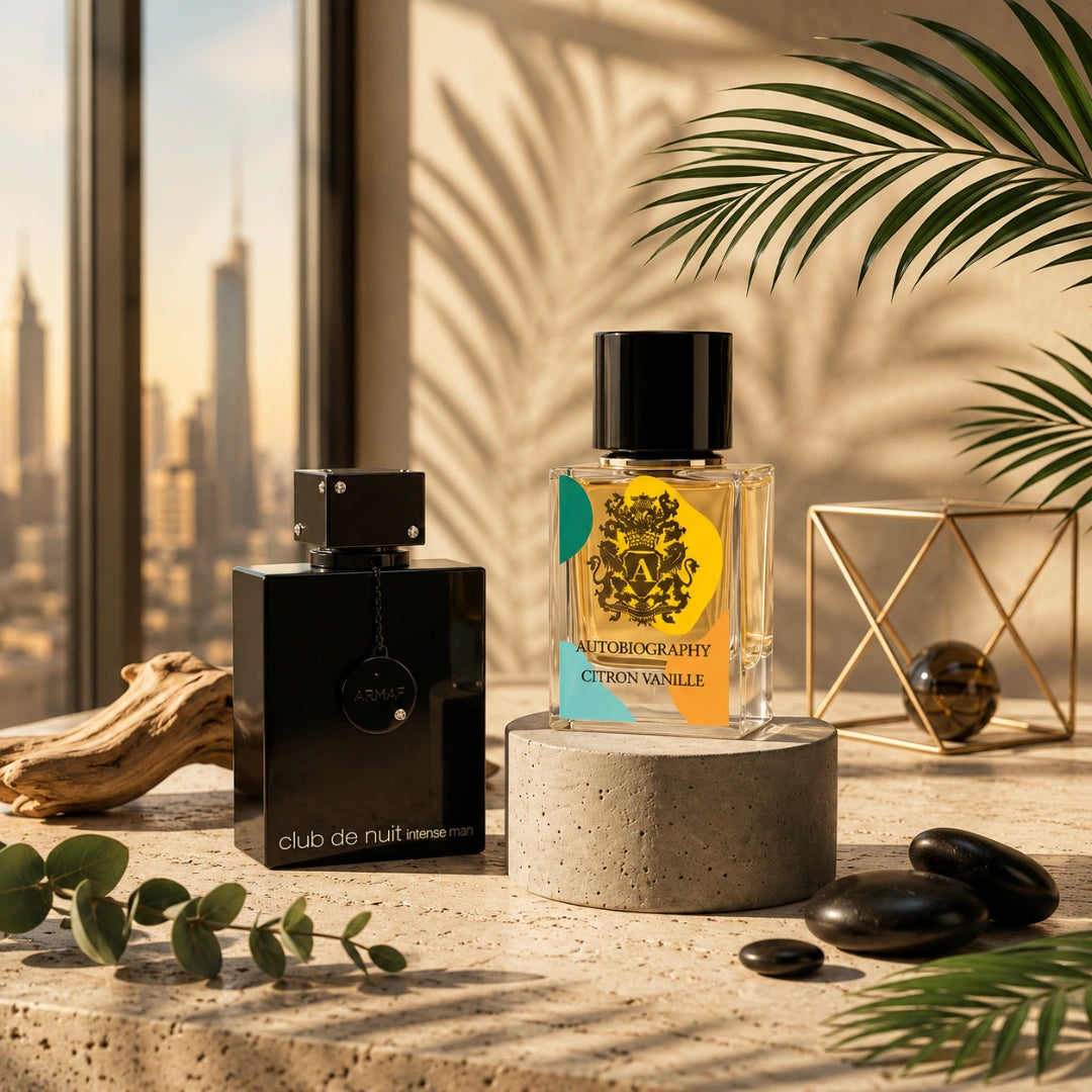 Bundle of Intense Oud men's Club De Nuit Intense Eau de Toilette and Paris Corner Citrone Vanille Eau de Parfum sprays in 105ml and 65ml bottles.