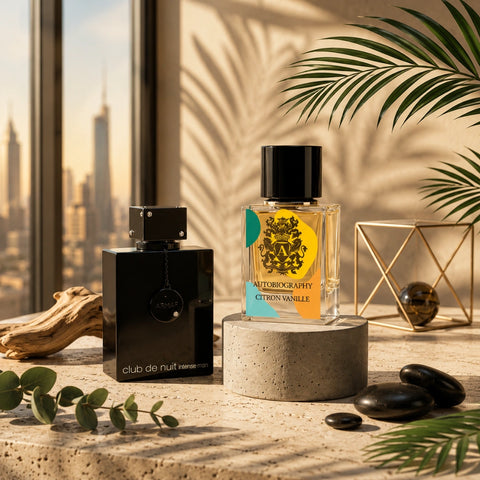 Bundle of Intense Oud men's Club De Nuit Intense Eau de Toilette and Paris Corner Citrone Vanille Eau de Parfum sprays in 105ml and 65ml bottles.
