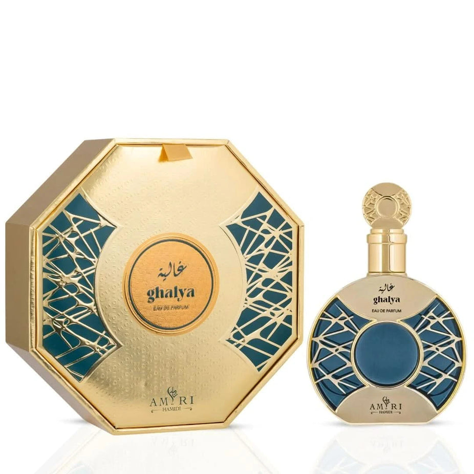 Bundle of three 100ml Eau de Parfum sprays from Intense Oud, featuring Luxure Woman by Rave, Manaal by Ard Al Zaafaran, and Ghalya by Hamidi.