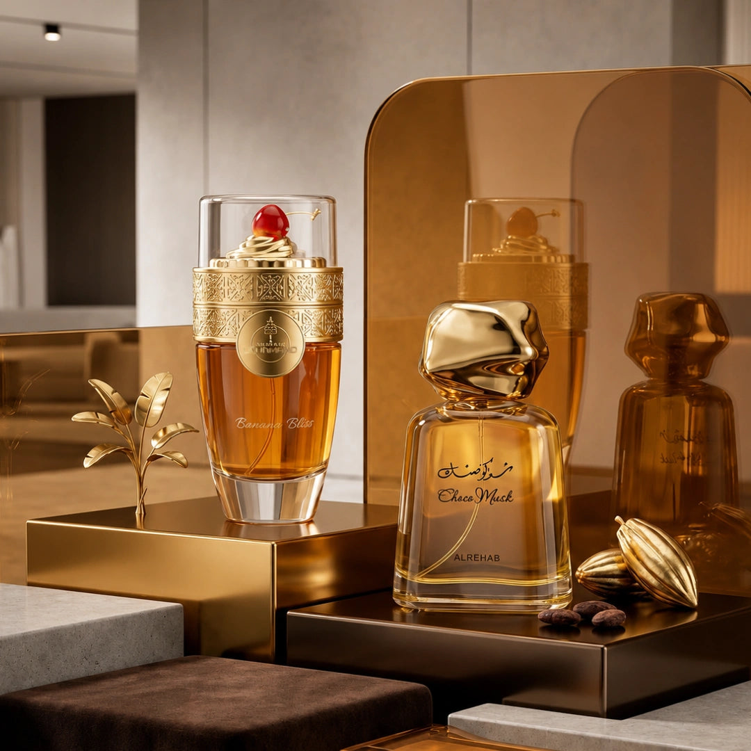 Bundle of Intense Oud Banana Bliss and Choco Musk Eau de Parfum sprays, 100ml each, featuring floral and fruity fragrance bottles.
