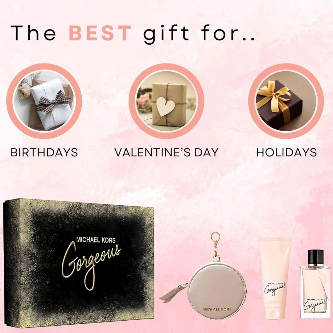 Michael Kors Gorgeous 3Pc Gift Set (3.4oz EDP Spray, 3.4oz Body Lotion & Round Purse) | The Ultimate Luxury Trio: Perfume, Pampering & Purse - Intense Oud