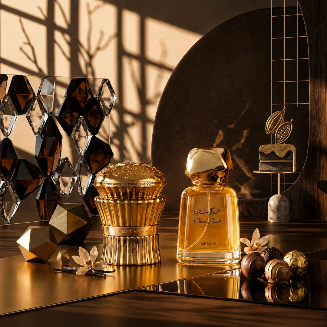 Bundle of Intense Oud Choco Musk and Cake Temptations Eau de Parfum sprays, 100ml bottles, featuring luxurious fragrance packaging.