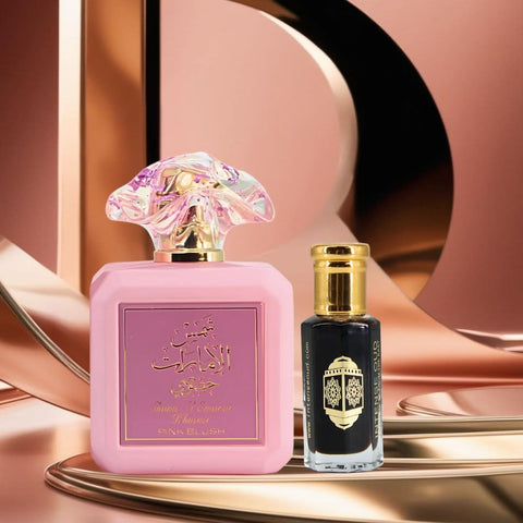Pink Blush Eau de Parfum spray by Ard Al Zaafaran and Aphrodisiac Perfume Oil by Intense Oud in a bundle, with perfume bottles and packaging.