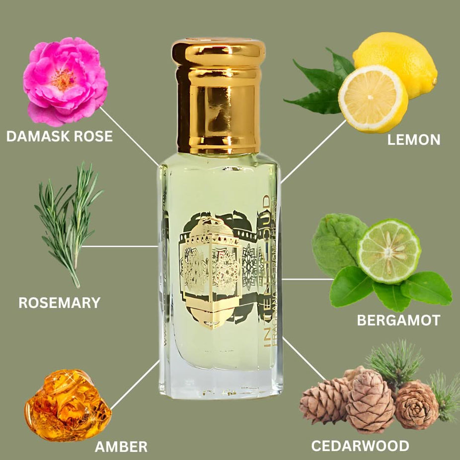 Amber Rose perfume oil by Intense Oud in a 12ml black gift box, featuring a small glass bottle of loose perfume oil.