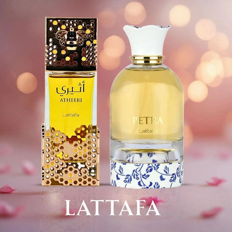 Lattafa Atheeri & Petra Eau de Parfum bundle with two 100ml spray bottles, featuring elegant glass containers and branding.