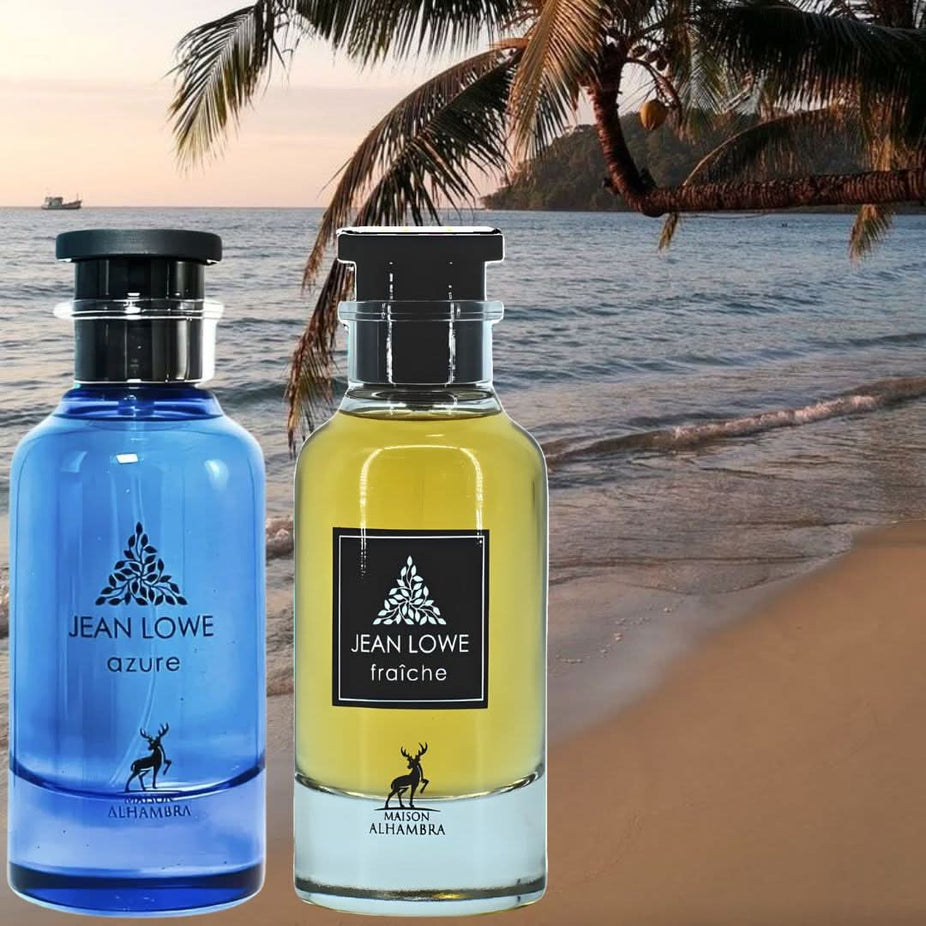 Maison Alhambra Jean Lowe Azure & Fraiche Eau de Parfum bundle, 100ml spray bottles, elegant packaging with floral and citrus notes.