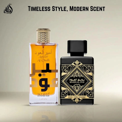 Lattafa Bade'e Al Oud & Ameer Al Oudh Intense Oud Eau de Parfum bundle with two 100ml spray bottles, elegant packaging, and luxurious scent.