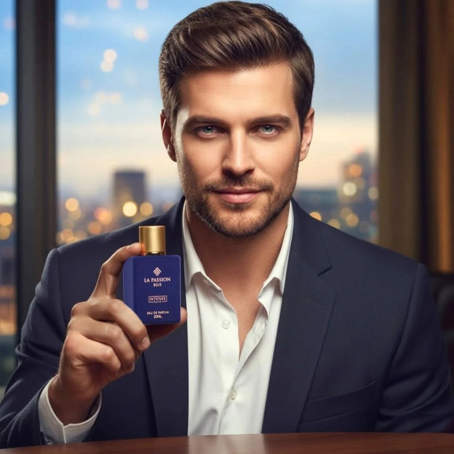 Intense Elite La Passion Blue Eau de Parfum Spray 20ml with sleek blue bottle and elegant cap.