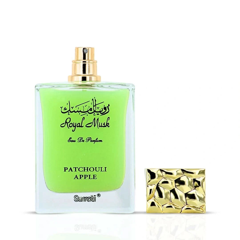 Surrati Royal Musk Patchouli Apple Eau de Parfum spray bottle, 100ml, featuring elegant packaging and a luxurious fragrance.