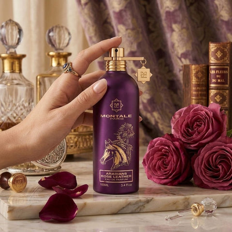 Montale Arabians Rose Leather Eau de Parfum spray bottle, 100ml, featuring elegant packaging with floral and leathery design elements.