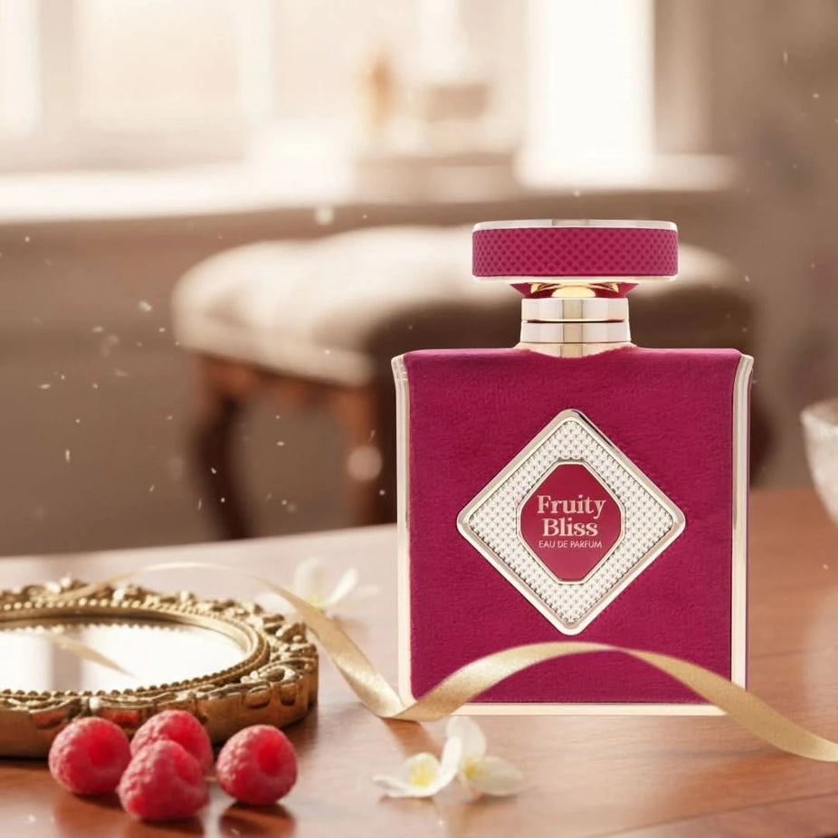 Elite Risala Fruity Bliss Eau de Parfum spray 100ml, featuring a sleek bottle with vibrant fruit-inspired design.