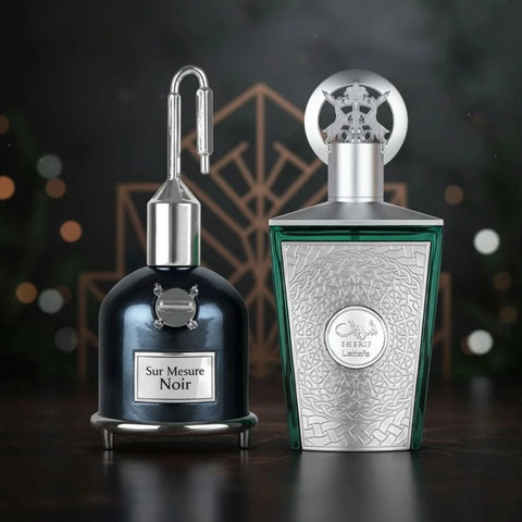 Lattafa Sur Mesure Noir & Sherif Eau de Parfum sprays 100ml bundle, sleek bottles with elegant black and gold accents.