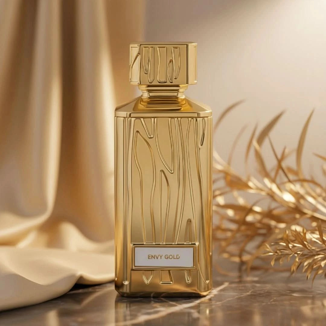 Hamidi Envy Gold Eau de Parfum spray bottle with gold accents, 100ml (3.4 oz) elegant perfume for women.
