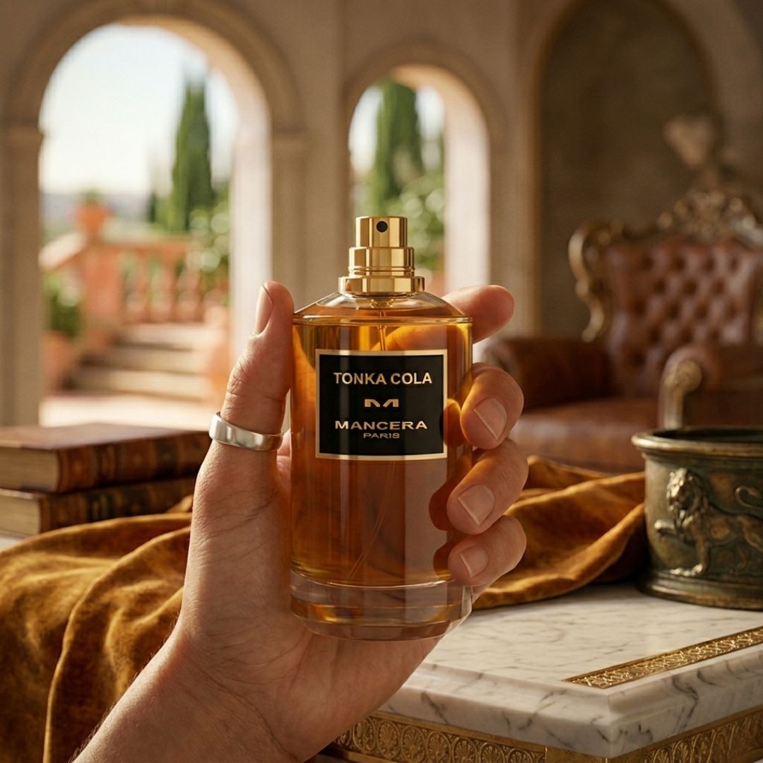 Mancera Tonka Cola Eau de Parfum spray bottle, 120ml, featuring a sleek design and dark-colored packaging.